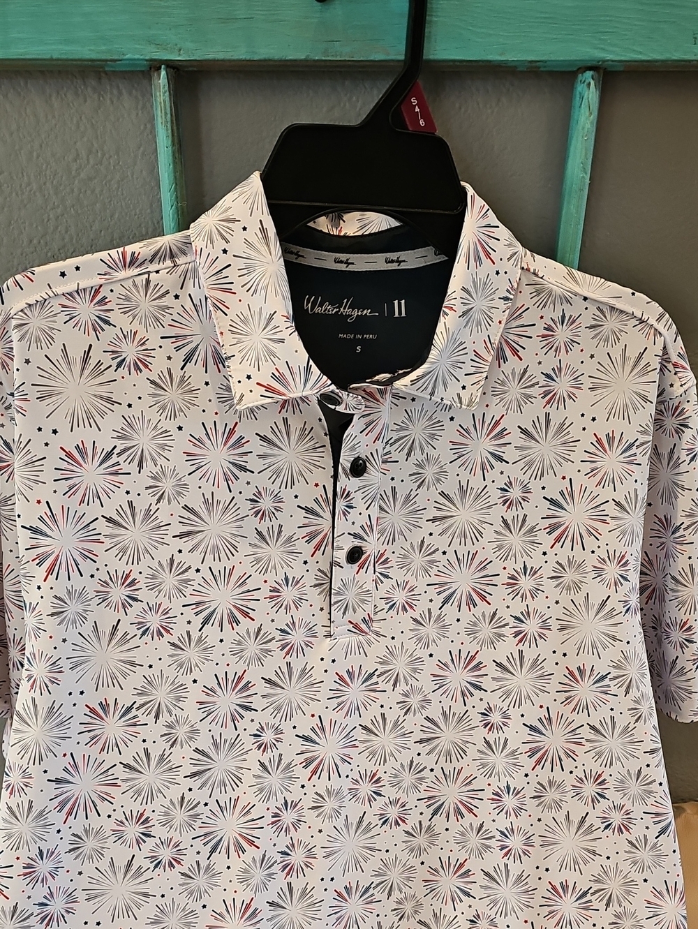 Walter Hagen White Polo with Red & Blue Starburst Print